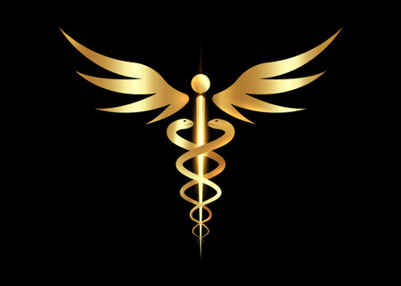 Medical caduceus symbol in golden color. gold luxury concept of public health, two snake torches silhouette. Ancient rod sign, vector isolated on black backgroundのイラスト素材