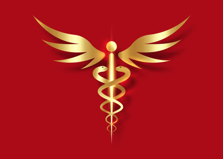 Medical caduceus symbol in golden color. gold luxury Logo concept of public health, two snake torches silhouette. Ancient hermes rod sign, vector isolated on red backgroundのイラスト素材