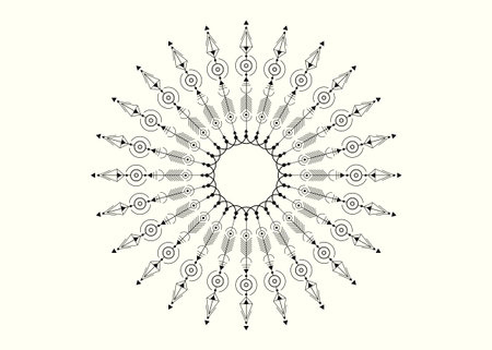 Mandala of graphic ethnic arrows, tattoo design. Vector round Totem, sacred geometry, hipster design elements. vector art, clipart. Abstract Mystic Geometric symbols isolated on old white backgroundのイラスト素材