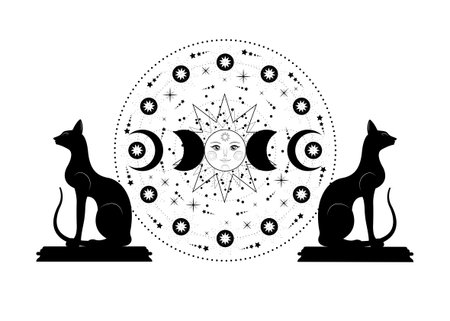 Triple moon and black cats, pagan Wiccan goddess symbol, sun system, moon phases, orbits of planets, energy circle. Sacred geometry of the wheel of the year, vector isolated on white backgroundのイラスト素材