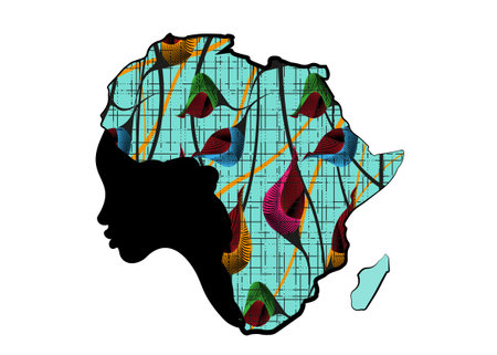 Concept of African woman, face profile silhouette with turban in the shape of a map of Africa. Colorful Afro print fabric, tribal design template Vector illustration isolated on white backgroundのイラスト素材