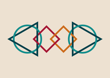 Sacred Geometry, Geometric triangle, Circle and Square logo design. Colorful Symbol of Harmony and Balance. Vector isolated on old vintage beige backgroundのイラスト素材