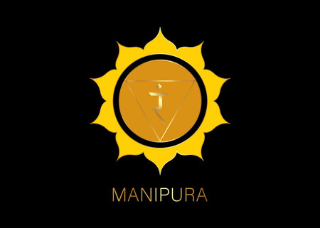 Manipura, solar plexus chakra symbol. Yellow ang gold logo template, colorful mandala. Spiritual meditation element vector illustration isolated on black backgroundのイラスト素材