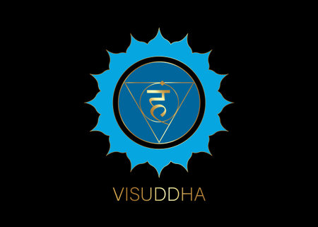 fifth Throat chakra visuddha with the Hindu Sanskrit seed mantra Vam. Blue and gold flat design style symbol for meditation, yoga. Round Logo template Vector isolated on black backgroundのイラスト素材