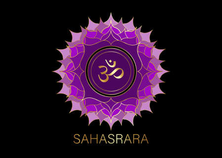 seventh chakra Sahasrara logo template. Crown chakra symbol, Purple golden sacral sign meditation,...