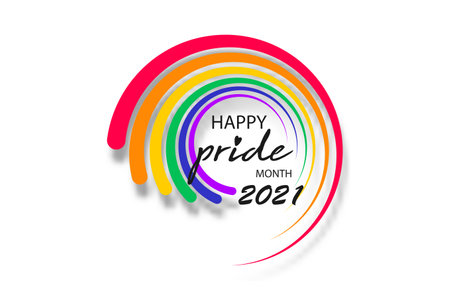 Pride month 2021 round logo with rainbow flag. Banner Pride symbol, LGBT, sexual minorities, gays and lesbians. Background Love is love. Template designer sign, icon colorful rainbow isolated on whiteのイラスト素材