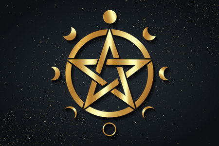 Gold Pentacle circle symbol and Phases of the moon. Wiccan symbol, full moon, waning, waxing, first quarter, gibbous, crescent, third quarter. Vector logo isolated on black golden starry backgroundのイラスト素材