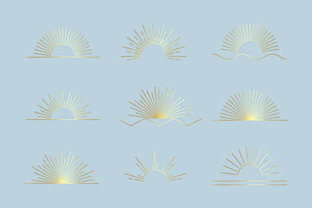 Vector Sun set of linear boho icons and symbols, gold sun logo design templates, abstract design elements for decoration in modern minimalist style for social media posts, stories, artisan jeweleryのイラスト素材