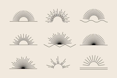 Vector Sun set of black linear boho icons and symbols, sun logo design templates, abstract design elements for decoration in modern minimalist style for social media posts, stories, isolatedのイラスト素材