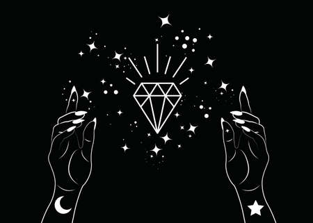 Mystical Woman Hands alchemy esoteric magic space stars, crystal symbol, Sacred Geometry. Boho style Logo in white outline tattoo icon. Spiritual occultism mystic wicca sign. Vector isolated on blackのイラスト素材