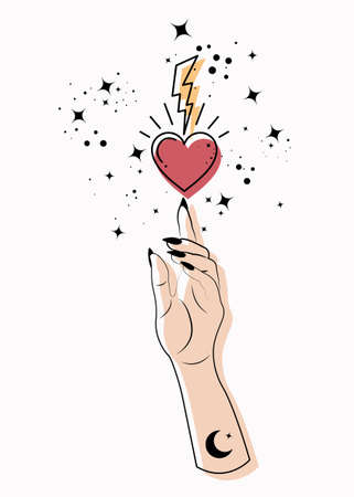 Mystical Woman Hand alchemy esoteric magic space stars, lightning and sacred heart symbol. Colorful Boho style Logo in black outline tattoo icon. Spiritual mystic wicca sign. Vector isolated on whiteのイラスト素材