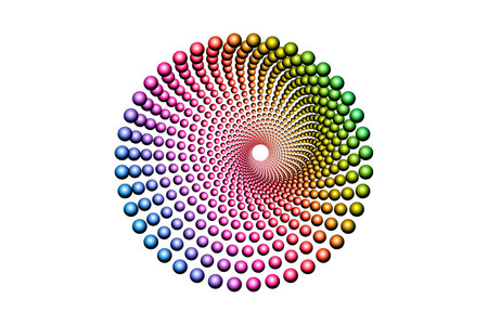 3D colorful halftone dots circle, spiral pattern round logo template, vector dotted frame. Spectrum Gradient color Mandala design element isolated on white backgroundのイラスト素材