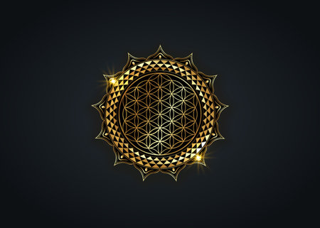 Flower of Life, Yantra Mandala in the lotus flower, Sacred Geometry. Bright golden luxury symbol of harmony and balance. Mystical lotus gold talisman, vector isolated on black backgroundのイラスト素材