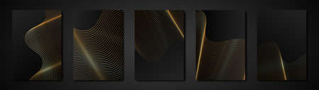 Set black cards abstract engraving golden texture. Wavy etching background. Luxury Invitation or cover design template, wavy gold stripes and copy space. Vector illustrationのイラスト素材