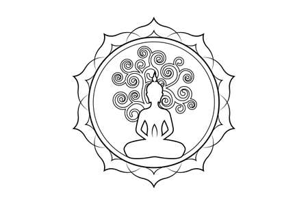 Visakha Puja Day, Buddha statue and Bodhi tree in Sacred lotus logo template. Sacred tree, Ficus europea, Tree of life concept. Vector isolated on white backgroundのイラスト素材