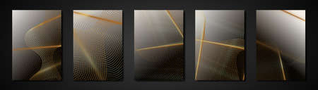 Set cards abstract engraving golden texture. Wavy etching background gradient color. Luxury Invitation or cover design template, wavy gold stripes and copy space. Vector illustrationのイラスト素材
