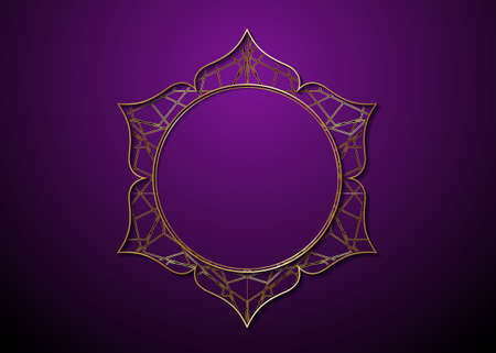 mystic Lotus gold frame Logo icon, golden mandala of alchemy esoteric Flower of Life. Seed of life symbol Sacred Geometry. Luxury divine meditative amulet vector isolated on purple backgroundのイラスト素材