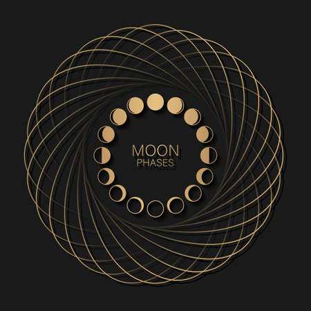 Moon phases astronomy icon set in round frame lunar cycle, full moon, waning, waxing, first quarter, gibbous, crescent, third quarter. Vector Illustration on black backgroundのイラスト素材