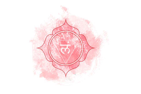 First chakra of Muladhara, root chakra logo template in watercolor style. Red sacral sign...