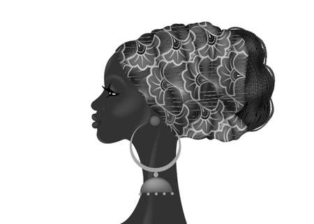 Afro hairstyle, beautiful portrait African woman in wax print fabric turban, diversity concept. Black Queen, ethnic head tie for afro braids and kinky curly hair. Vector isolated on white backgroundのイラスト素材