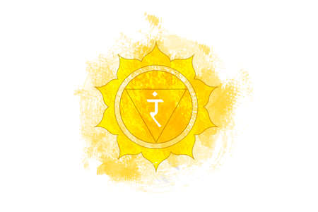 Third chakra of Manipura, solar plexus chakra logo template in watercolor style. Yellow mandala. Spiritual meditation element vector illustration isolated on white backgroundのイラスト素材