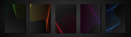 Set black cards abstract engraving spectrum color texture. Wavy etching background. Luxury Invitation or cover design template, wavy psychedelic colorful stripes and copy space. Vector illustrationのイラスト素材