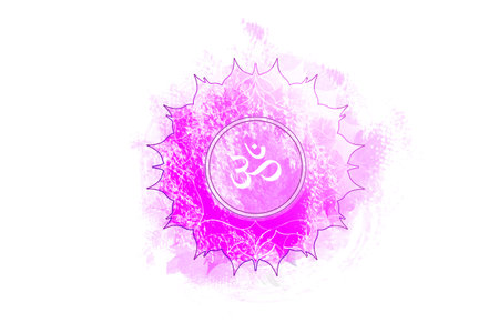 seventh chakra of Sahasrara, Crown chakra logo template in watercolor style. Purple sacral sign meditation, yoga round mandala icon. The symbol Om in the center, vector isolated on white backgroundのイラスト素材