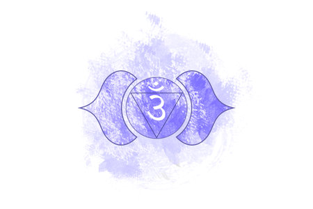 Sixth chakra of Ajna, Third eye chakra logo template in watercolor style. Purple mandala. Sacral sign meditation, yoga icon, vector isolated on white backgroundのイラスト素材