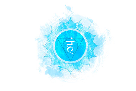Fifth chakra of Visuddha, Throat chakra logo template in watercolor style. Blue mandala. Hindu Sanskrit seed mantra Vam, symbol for meditation, yoga. Vector isolated on white backgroundのイラスト素材