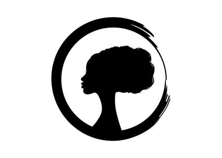 Afro hairstyles, portrait beauty Woman hair salon round logo design silhouette, vector isolated on white backgroundのイラスト素材