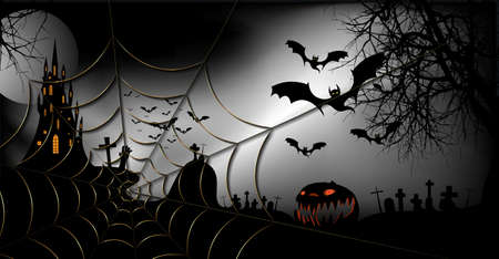 Halloween party banner, spooky dark background, silhouettes of characters and scary bats with gothic haunted castle, horror theme concept, gold cobweb and dark graveyard, vector templatesのイラスト素材