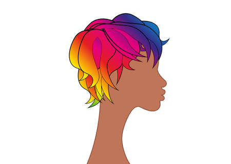 LGBT person with rainbow hair. Non binary african american person. Gay Pride. LGBTQ concept. Isolated vector on white colorful illustration. Sticker, patch, t-shirt print, logo designのイラスト素材
