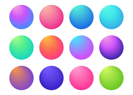 Circle holographic gradients set, sphere buttons. Multicolor green purple yellow orange pink red violet cyan blue fluid circle gradients, colorful soft round buttons, vivid color spheres flat setのイラスト素材