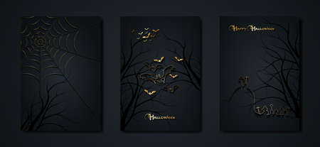 Halloween party, set gold cards spooky dark background, silhouettes of characters and scary bats with gothic haunted castle, horror theme concept, scary pumpkin and dark graveyard, vector templatesのイラスト素材