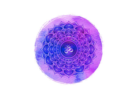 seventh chakra Sahasrara logo template. Crown chakra symbol, watercolor Purple lotus sacral sign meditation, yoga round mandala icon, symbol Om in the center, vector isolated on white backgroundのイラスト素材