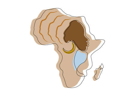 Black African Woman in line art style, continuous line drawing of Afro woman and African continent map. Colorful Vector linework tattoo icon logo isolated on white backgroundのイラスト素材