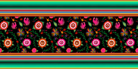 Seamless Mexican floral embroidery pattern, colorful native flowers folk fashion design. Embroidered Traditional Textile Style of Mexico, colors striped, vector isolated on black backgroundのイラスト素材