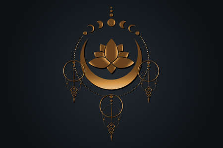 Gold Lotus flower and Moon, Sacred geometry, half moon pagan Wiccan goddess symbol. Moon Phases old golden wicca banner sign, energy circle, boho style vector isolated on black backgroundのイラスト素材