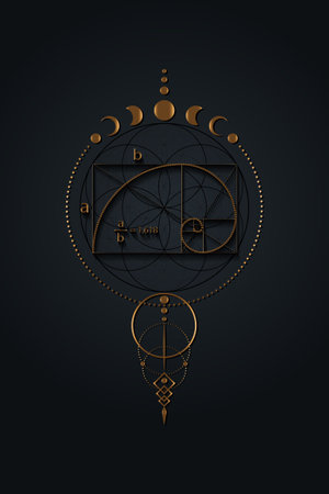 Golden ratio, Fibonacci Sequence number, mystical flower of life and Moon Phases, Sacred geometry. Gold divine proportion wicca banner, energy circles, boho style vector isolated on black backgroundのイラスト素材