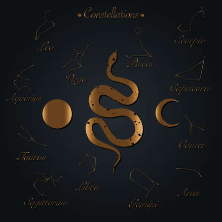 Modern abstract art print with snake and stars, Moon, constellations name. Boho style. Cosmic minimalistic scene. Isolated elements on black. Gold color clipart image. Magic mystic esoteric conceptのイラスト素材