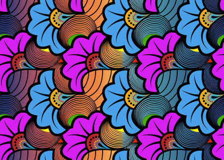 African Wax Print fabric, Ethnic overlap ornament seamless design, kitenge pattern motifs floral elements. Vector texture, afro colorful textile Ankara fashion style. Pareo wrap dress wedding flowersのイラスト素材