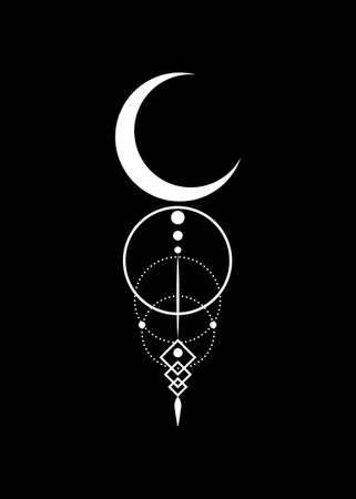 Mystical white Moon logo, half moon, Sacred geometry. Crescent moon pagan Wiccan goddess symbol, silhouette wicca banner sign, feminine energy circle, boho style vector isolated on black backgroundのイラスト素材