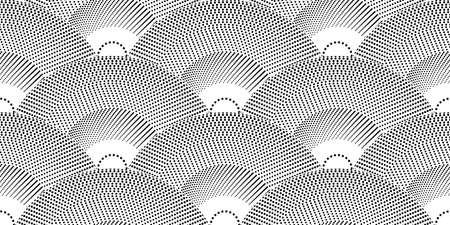 Wavy seamless black and white pattern. Seigaiha ornament in Japanese style. Doodle print polka dot hand drawn. Banner Vector illustration isolated on white backgroundのイラスト素材