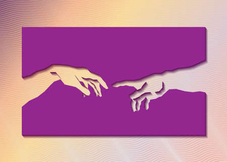 God and Adams hands. Creation of human. Genesis. Touch of god. Spirituality. A section of Michelangelo's fresco Sistine Chapel ceiling. Sketch drawing vector illustration isolated on striped backgroundのイラスト素材