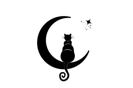 Black Cat sitting on the crescent Moon, look at the stars. Wicca logo symbol, boho style, tattoo icon. Vector illustration isolated on white backgroundのイラスト素材