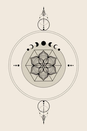 Mystical flower of life and Moon Phases, Sacred geometry. Dream catcher, Seed of life. Pagan Wiccan goddess symbol, wicca banner hexagonal sign, energy circles, boho style old vintage vector isolatedのイラスト素材
