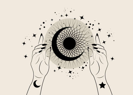 Mystical Woman Hands holding crescent moon and sun in boho style. Spiritual occultism mystic wicca sign. Vector illustration isolated on vintage backgroundのイラスト素材