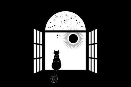 Black Cat sitting on the window at look at the sky and the sun, stars, vector illustration on black backgroundのイラスト素材