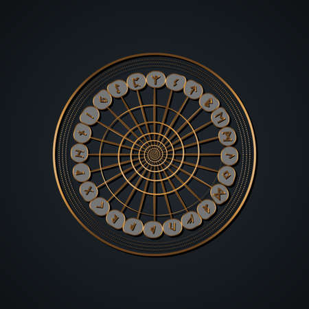 Set of old Norse runes circles. Gold Runic wheel alphabet, Futhark. Ancient occult Viking characters letters, rune font. Sacred spiral compass Old Norse writing. Vector isolated on black background