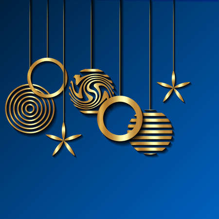 Christmas luxury holiday banner with gold Merry Christmas and Happy New Year greetings and golden colored Christmas balls. Vector illustration isolated on blue backgroundのイラスト素材